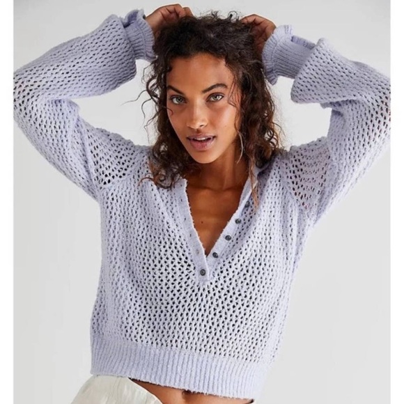 Free People Sweaters - Free People Care Snowdrift Pullover Polo Sweater Light Blue
